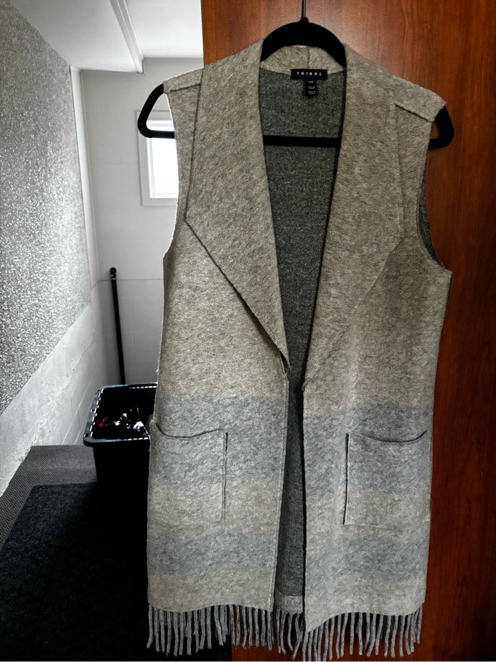 Tribal Sleeveless Fringe Wool-Blend Vest Coat - Gray